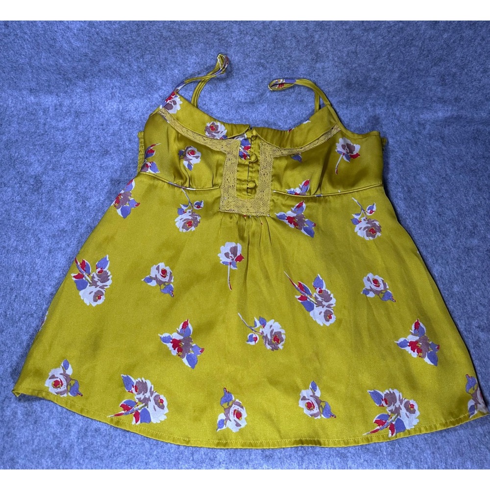 American‎ Eagle Mustard Yellow Floral Satin Babydoll Cami Top Lace Trim Medium